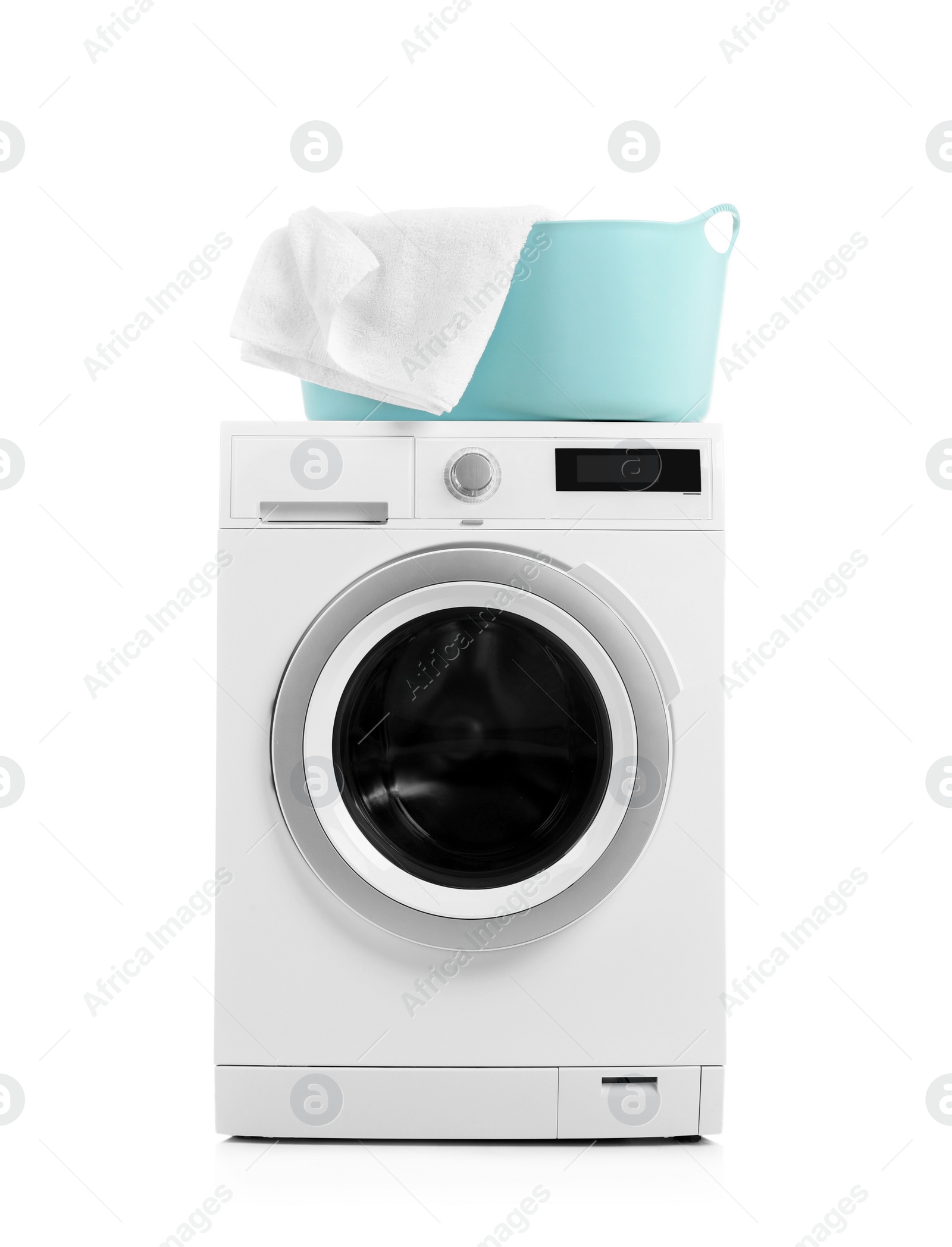 Photo of Modern washing machine and basket with laundry on white background