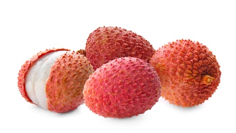 Image of Fresh ripe lychee fruits on white background, banner design