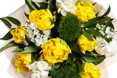 Photo of Beautiful bouquet with peony tulips, closeup view