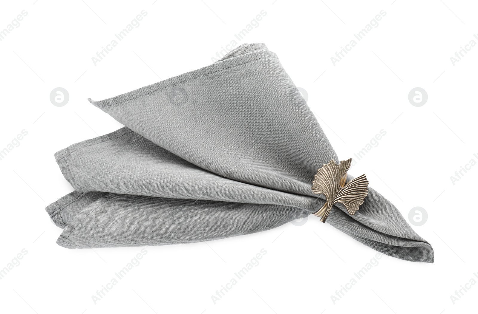 Photo of Napkin with decorative ring for table setting isolated on white, top view