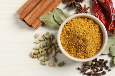 Photo of Curry powder in bowl and other spices on white wooden table, flat lay. Space for text