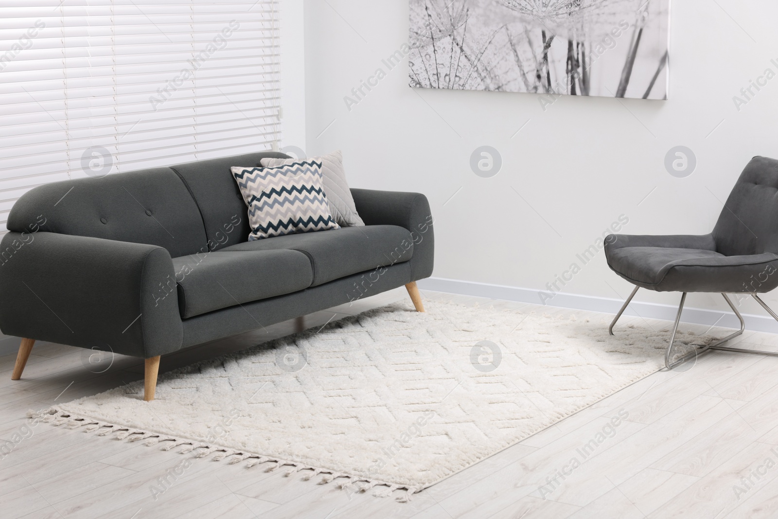 Photo of Living room with soft carpet and stylish furniture. Modern design