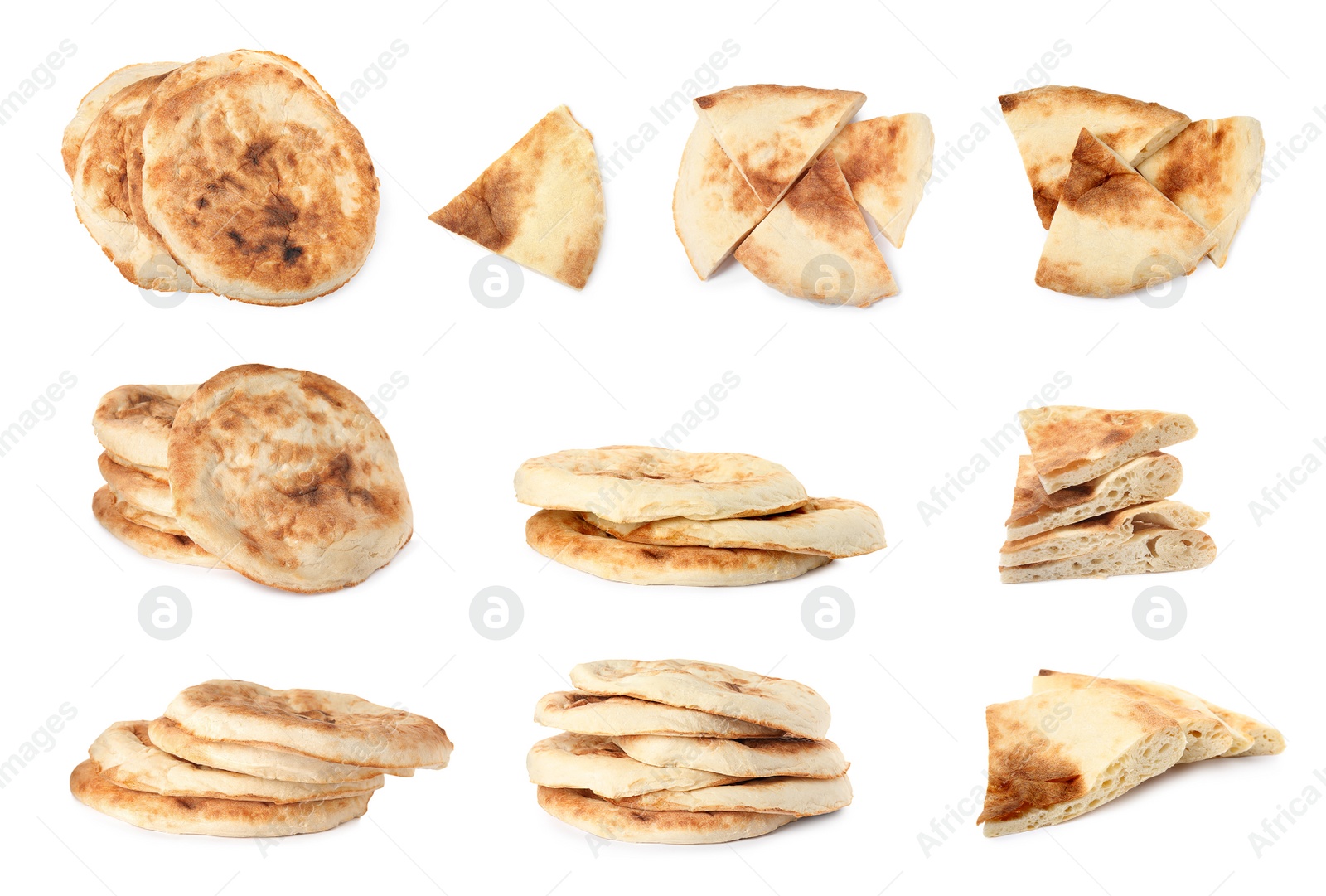 Image of Set with tasty pitas on white background 