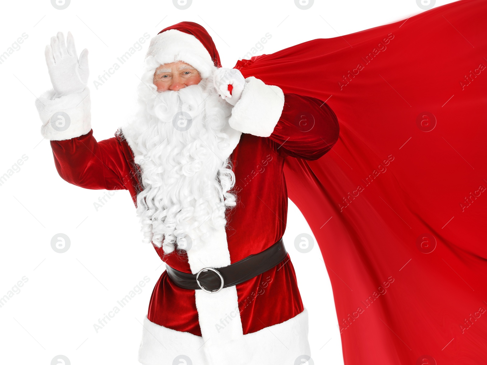 Image of Santa Claus with big red bag full of Christmas presents on white background