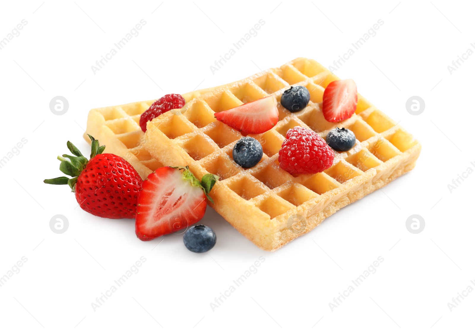 Photo of Yummy waffles with berries on white background