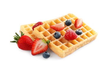 Photo of Yummy waffles with berries on white background