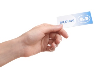 Woman holding medical business card isolated on white, closeup. Nephrology service