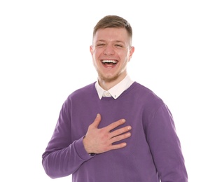 Photo of Portrait of handsome young man on white background