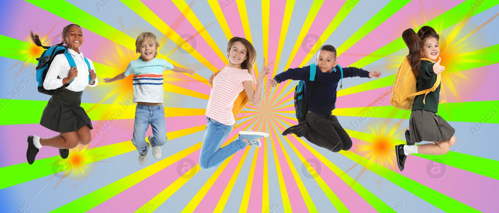 Image of Collage with photos of jumping kids on colorful background, banner design. School holidays