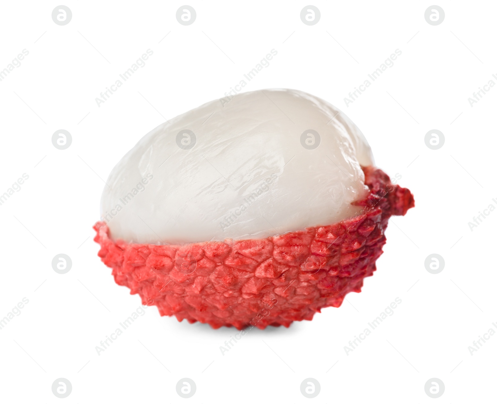 Photo of Half peeled ripe lychee fruit isolated on white