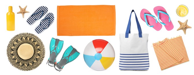 Image of Set with towel and other beach accessories on white background. Banner design