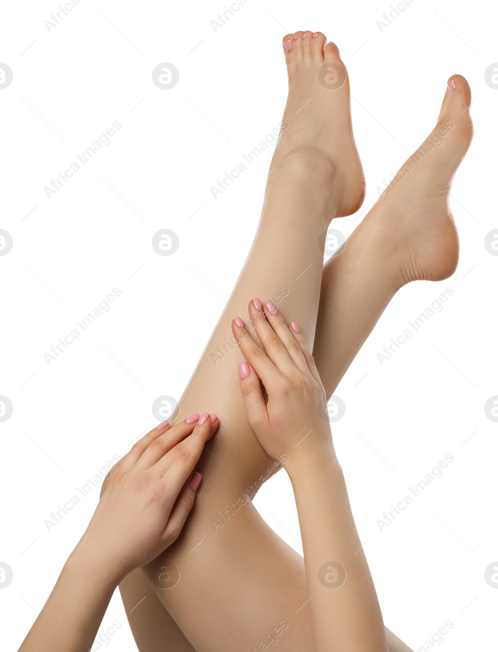 Photo of Woman with beautiful legs isolated on white, closeup