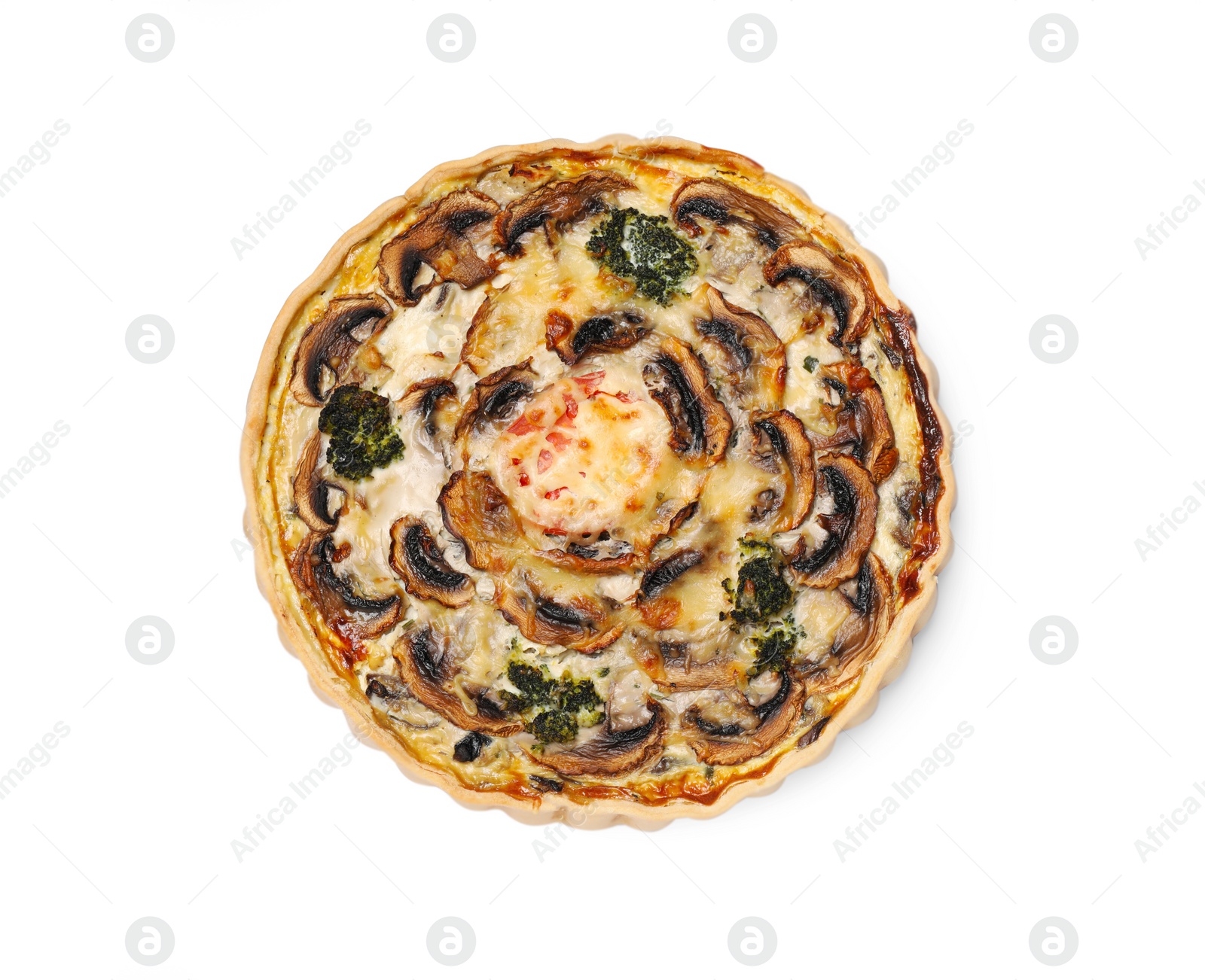 Photo of Delicious quiche with mushrooms isolated on white, top view