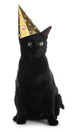 Cute black cat with party hat on white background