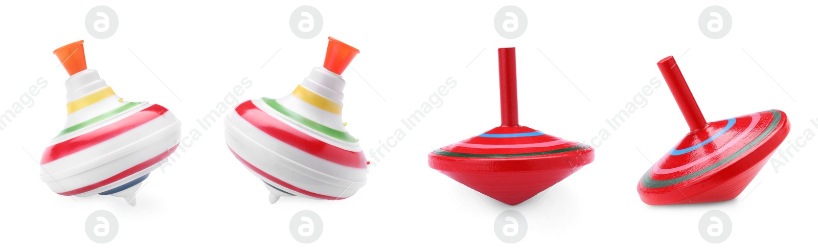 Image of Colorful spinning tops isolated on white. Toy whirligig