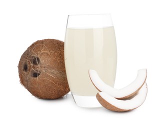 Photo of Glass of coconut water and nuts isolated on white