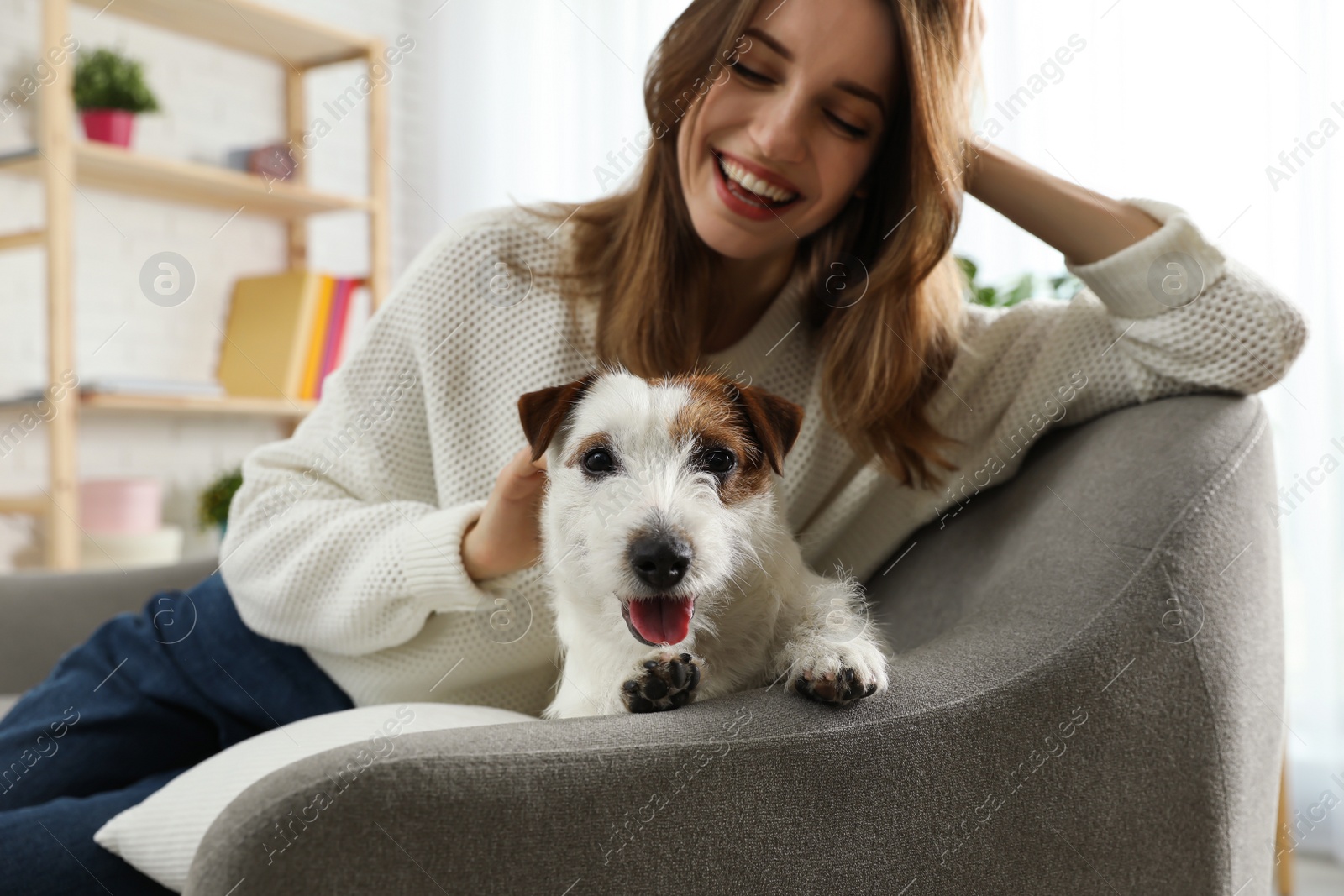 Photo of Young woman with her cute Jack Russell Terrier on sofa at home. Lovely pet