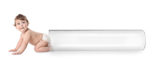 Image of Little baby and test tube on white background, banner design. Reproductive medicine