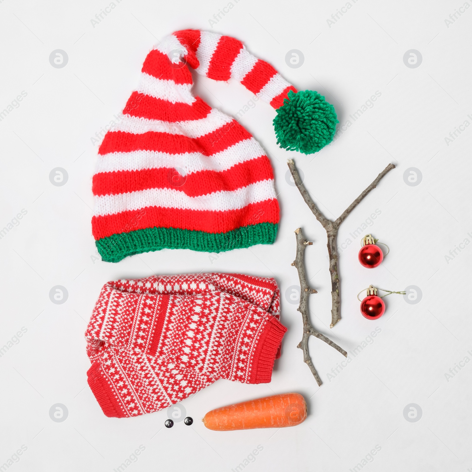 Photo of Set of materials for snowman on white background, flat lay