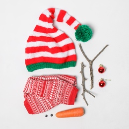 Set of materials for snowman on white background, flat lay