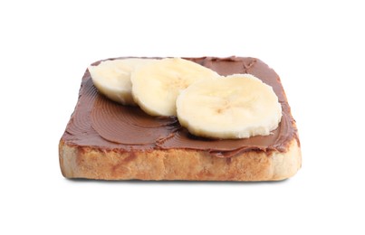 Photo of Toast with tasty nut butter and banana isolated on white