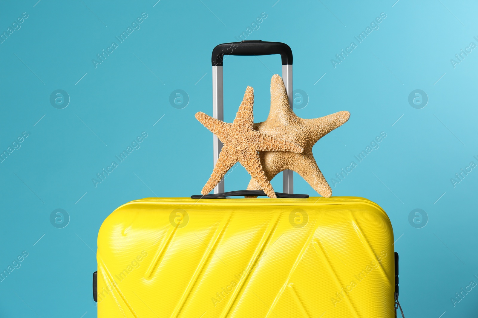 Photo of Stylish suitcase with sea stars on color background