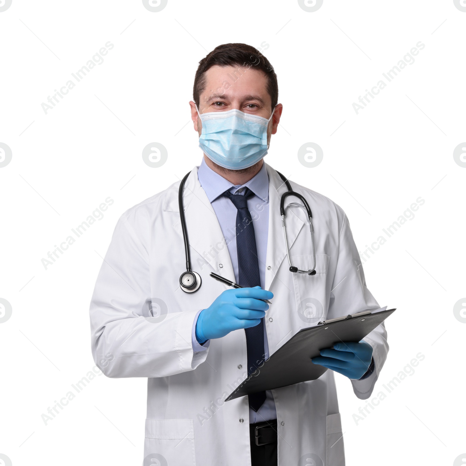 Photo of Doctor in medical mask with clipboard and pen isolated on white