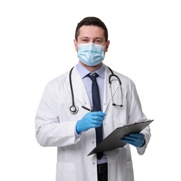 Doctor in medical mask with clipboard and pen isolated on white