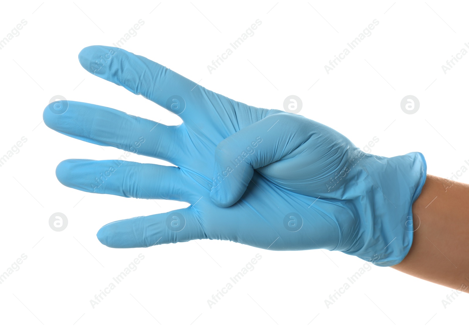 Photo of Person in blue latex gloves showing number four against white background, closeup on hand