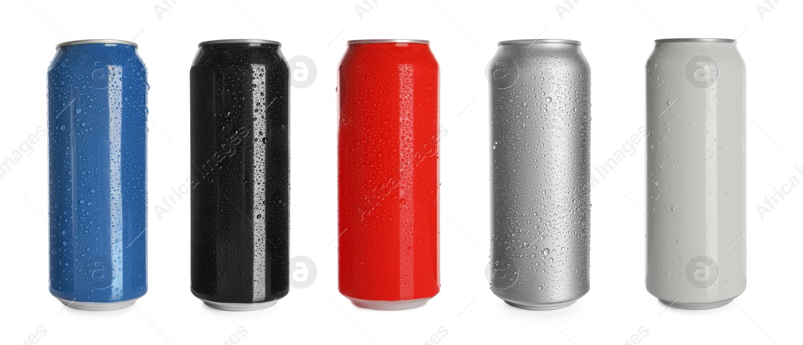 Image of Set with different colorful aluminium cans of beverage on white background. Banner design