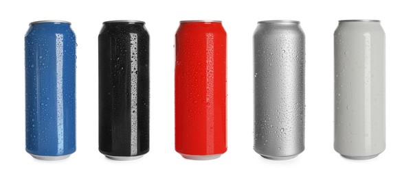 Image of Set with different colorful aluminium cans of beverage on white background. Banner design