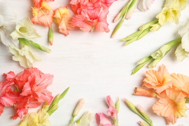 Flat lay composition with beautiful gladiolus flowers on wooden background