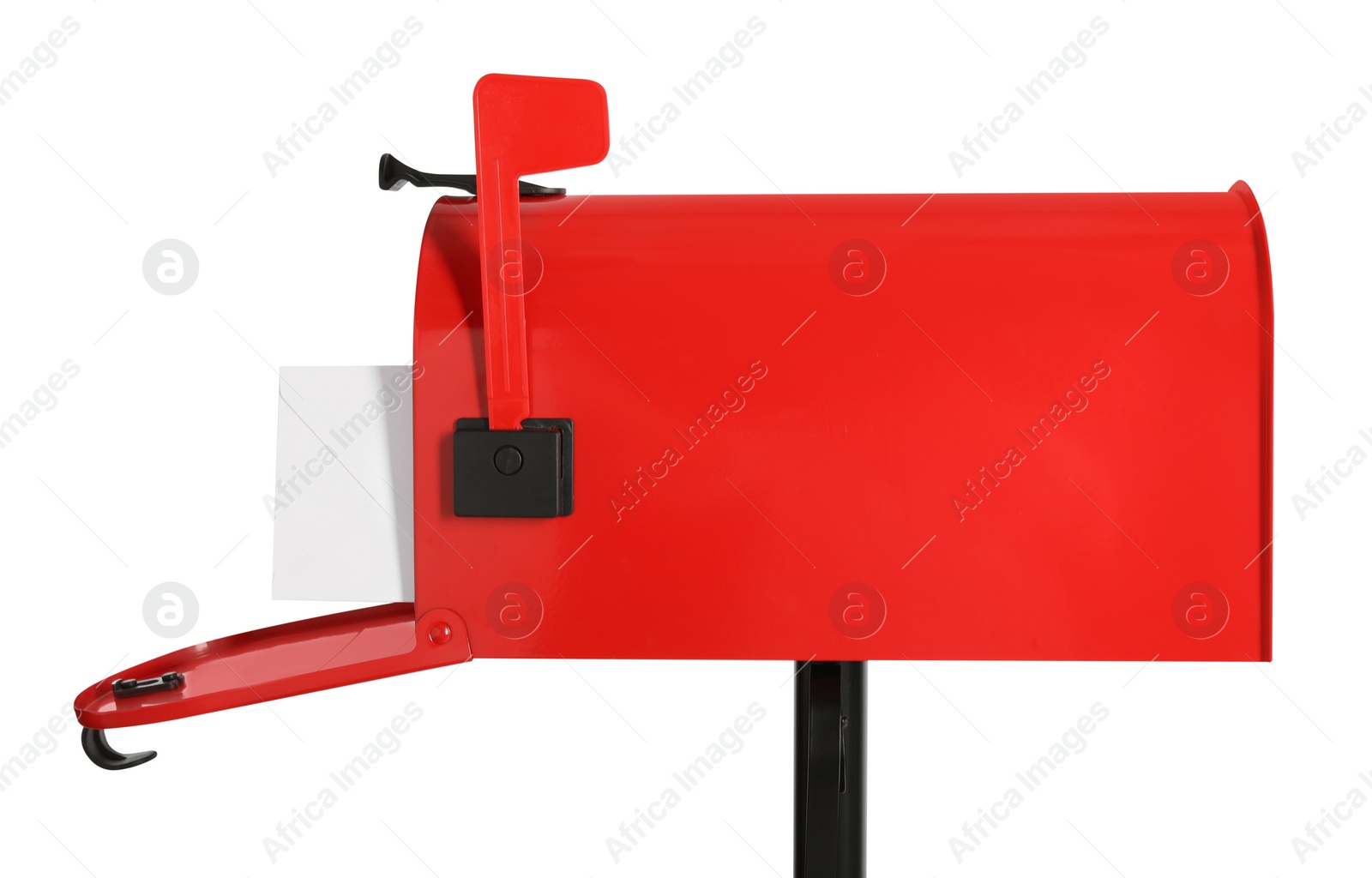 Photo of Open red letter box with correspondence on white background