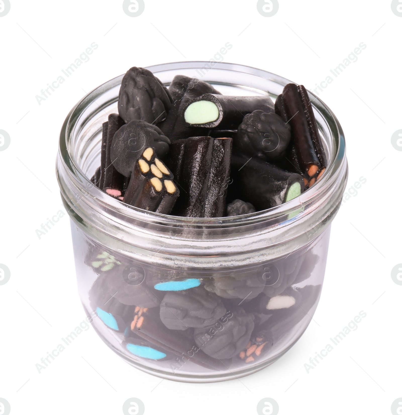 Photo of Jar with many tasty liquorice candies isolated on white