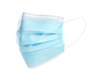 Photo of Disposable face mask isolated on white. Protective measures during coronavirus quarantine