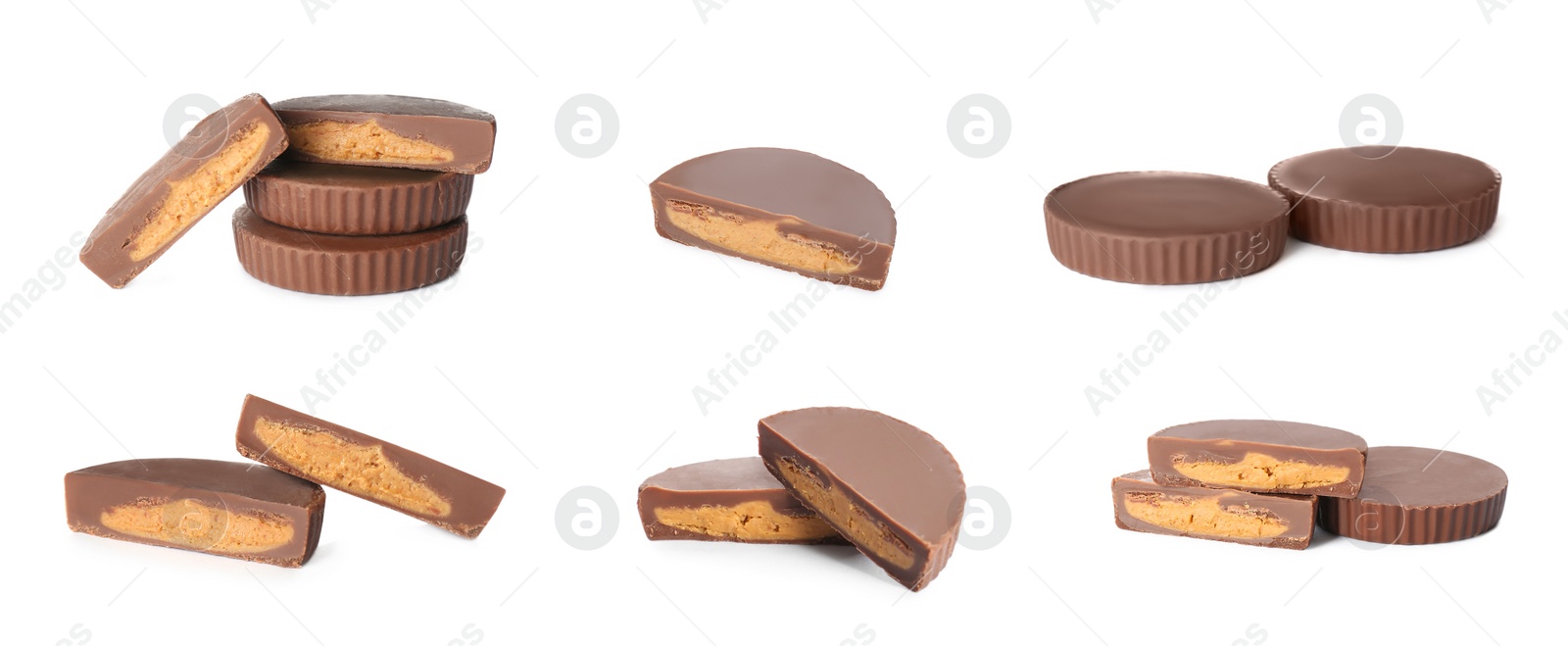 Image of Set with delicious peanut butter cups on white background. Banner design