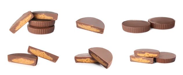 Set with delicious peanut butter cups on white background. Banner design