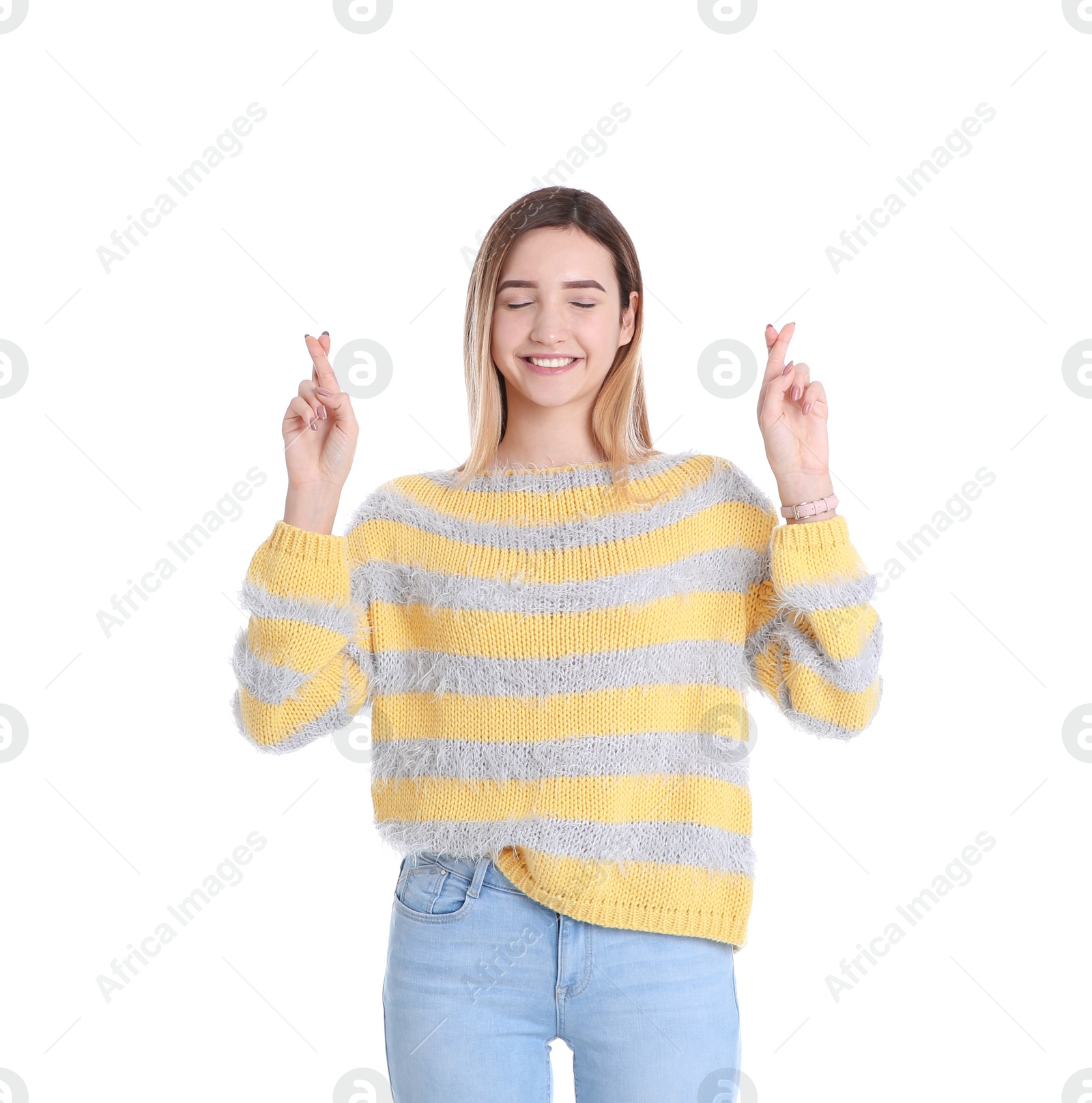 Photo of Portrait of emotional teenage girl on white background