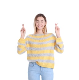 Photo of Portrait of emotional teenage girl on white background