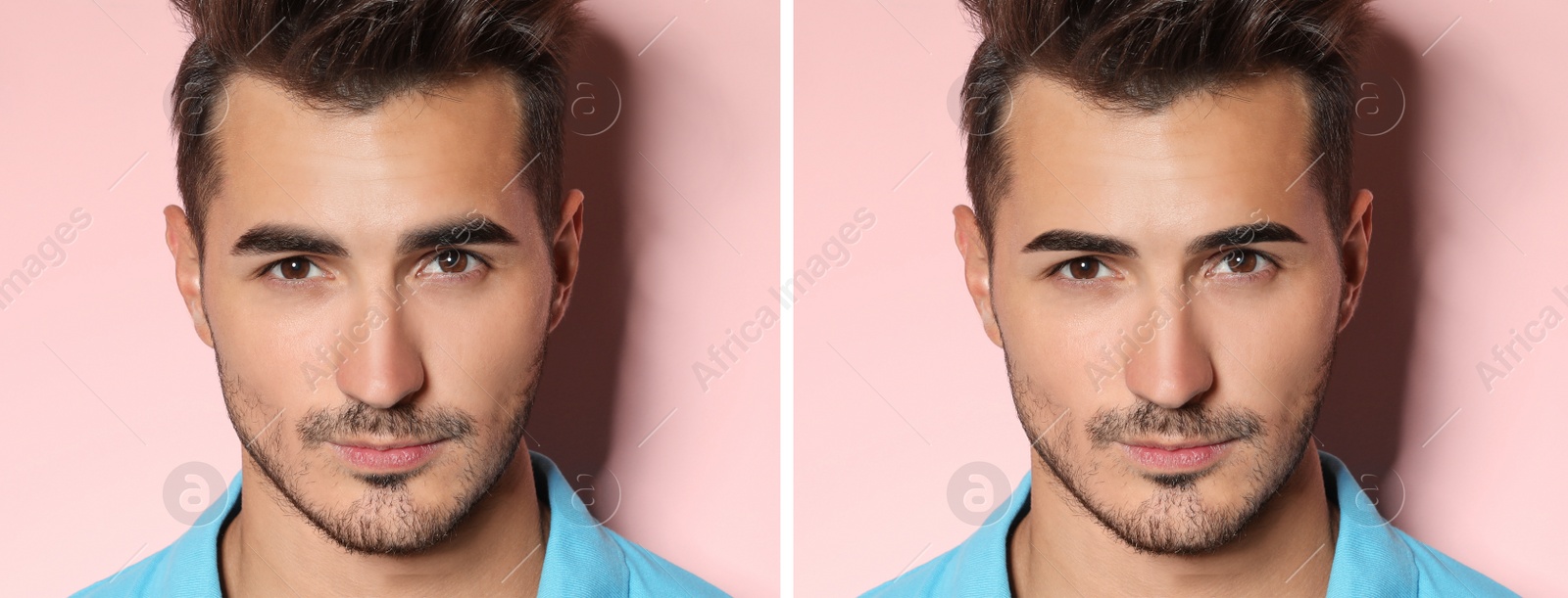 Image of Collage with photos of man before and after eyebrow modeling on pink background. Banner design