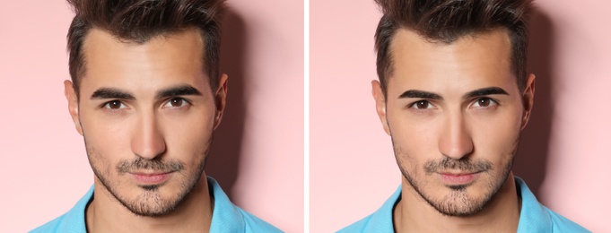 Collage with photos of man before and after eyebrow modeling on pink background. Banner design