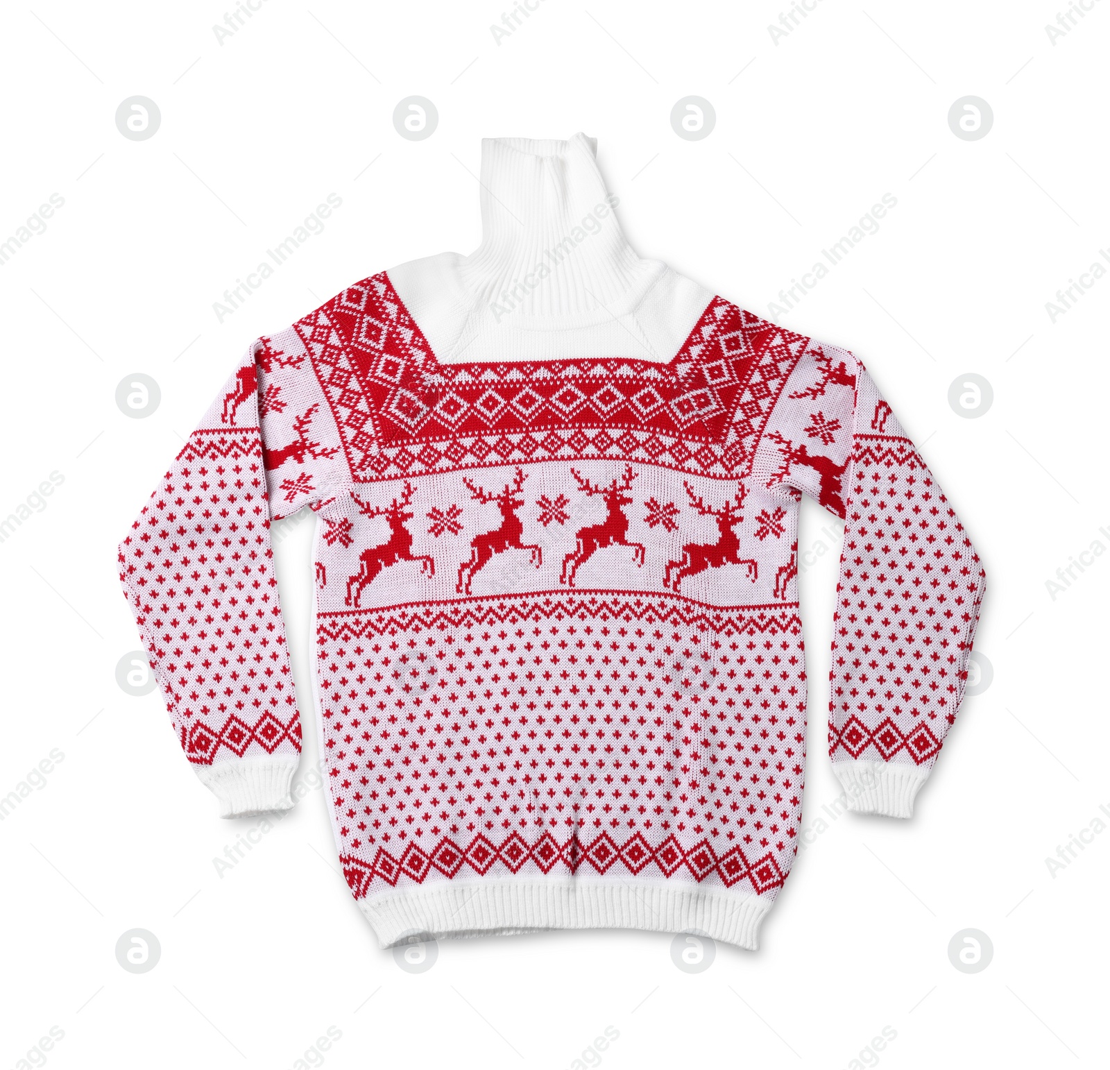 Photo of Christmas sweater with reindeer ornament isolated on white, top view