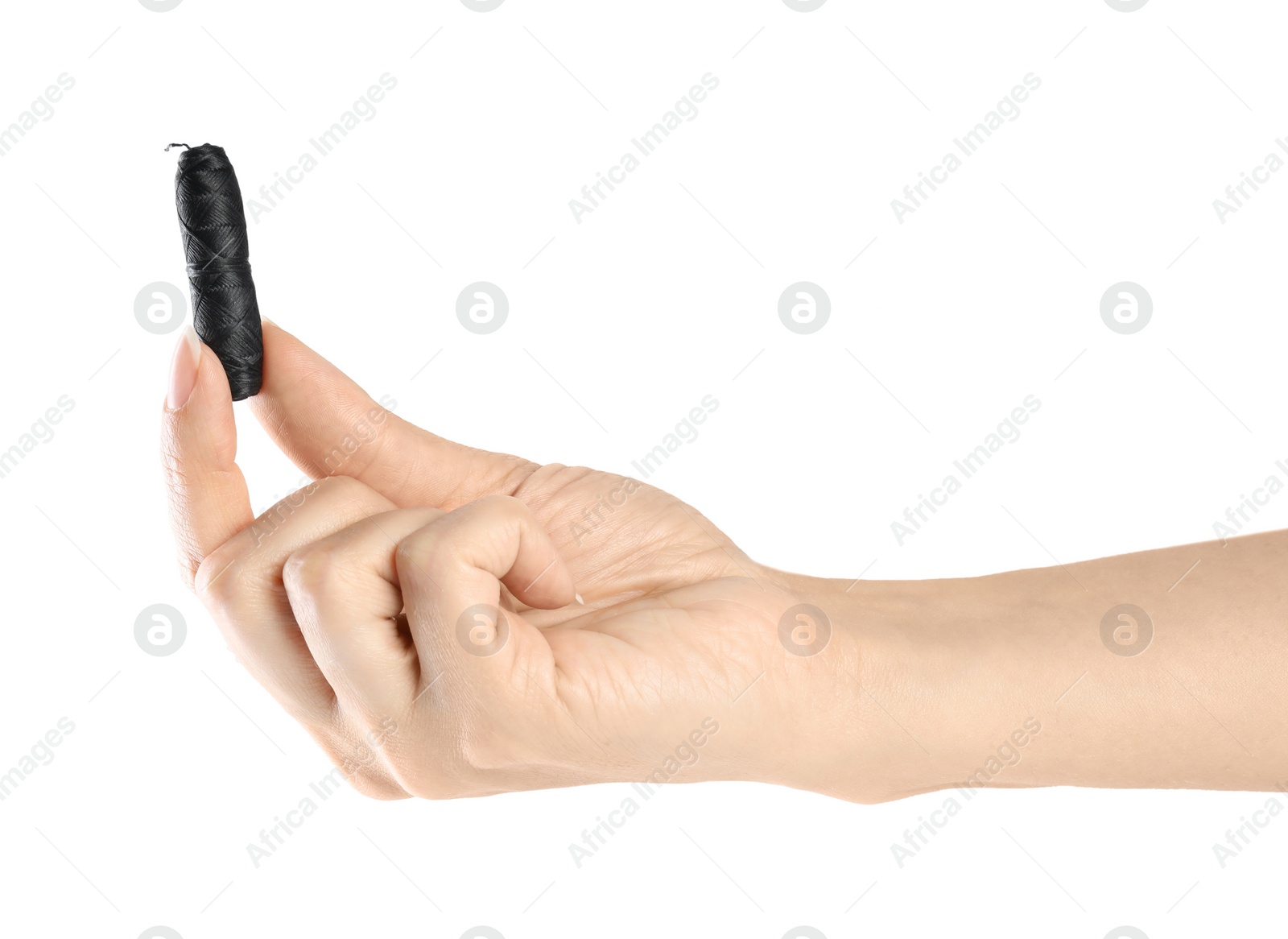 Photo of Woman holding natural dental floss on white background, closeup