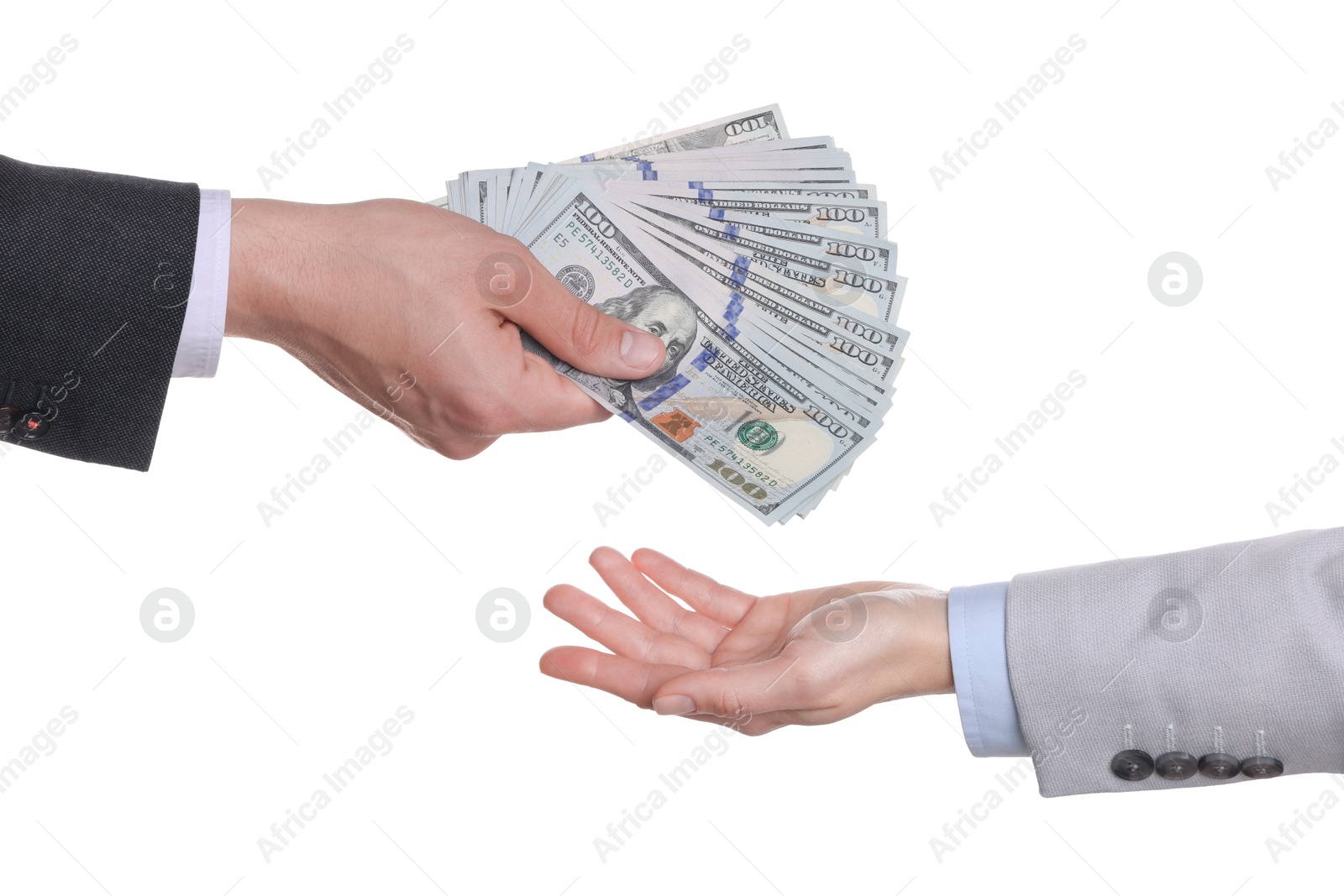 Photo of Money exchange. Man giving dollar banknotes to woman on white background, closeup