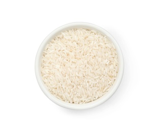 Bowl with uncooked rice on white background, top view