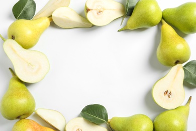 Frame made of pears on white background, top view