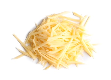 Photo of Heap of grated delicious cheese on white background