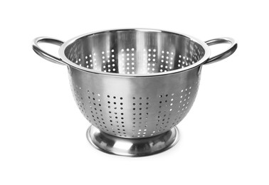 Photo of One metal colander isolated on white. Cooking utensil