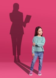 Dream about future occupation. Smiling girl and silhouette of businesswoman on pink background