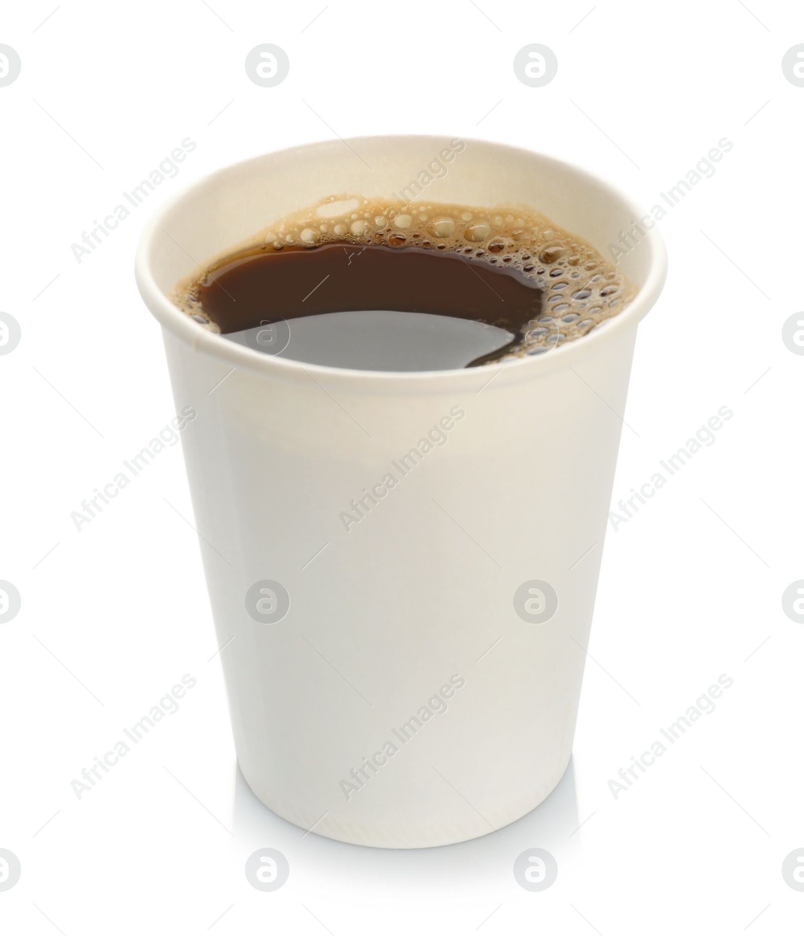 Photo of Aromatic coffee in takeaway paper cup on white background. Space for design
